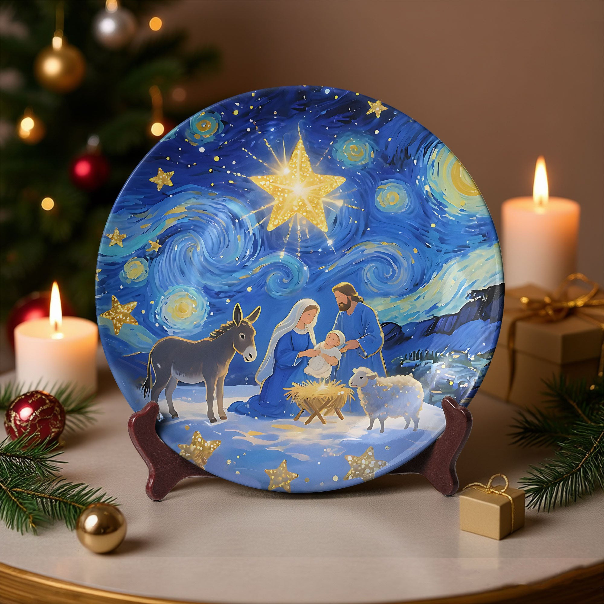 Starry Night Nativity Ceramic Plate Holy Family Starry Night Art Van Gogh Merch Christmas Gift