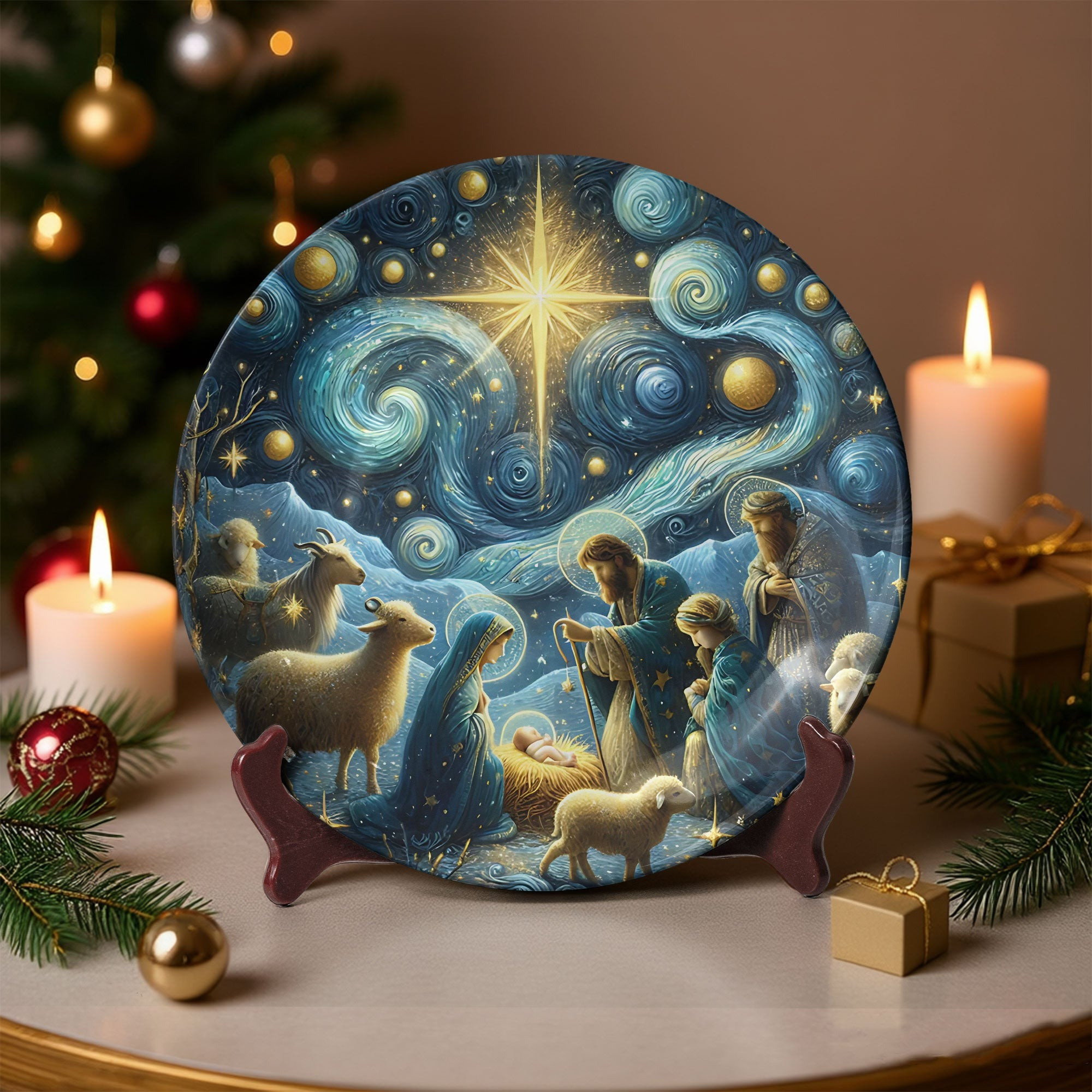 Starry Night Nativity Ceramic Plate Holy Family Starry Night Art Van Gogh Xmas Gifts