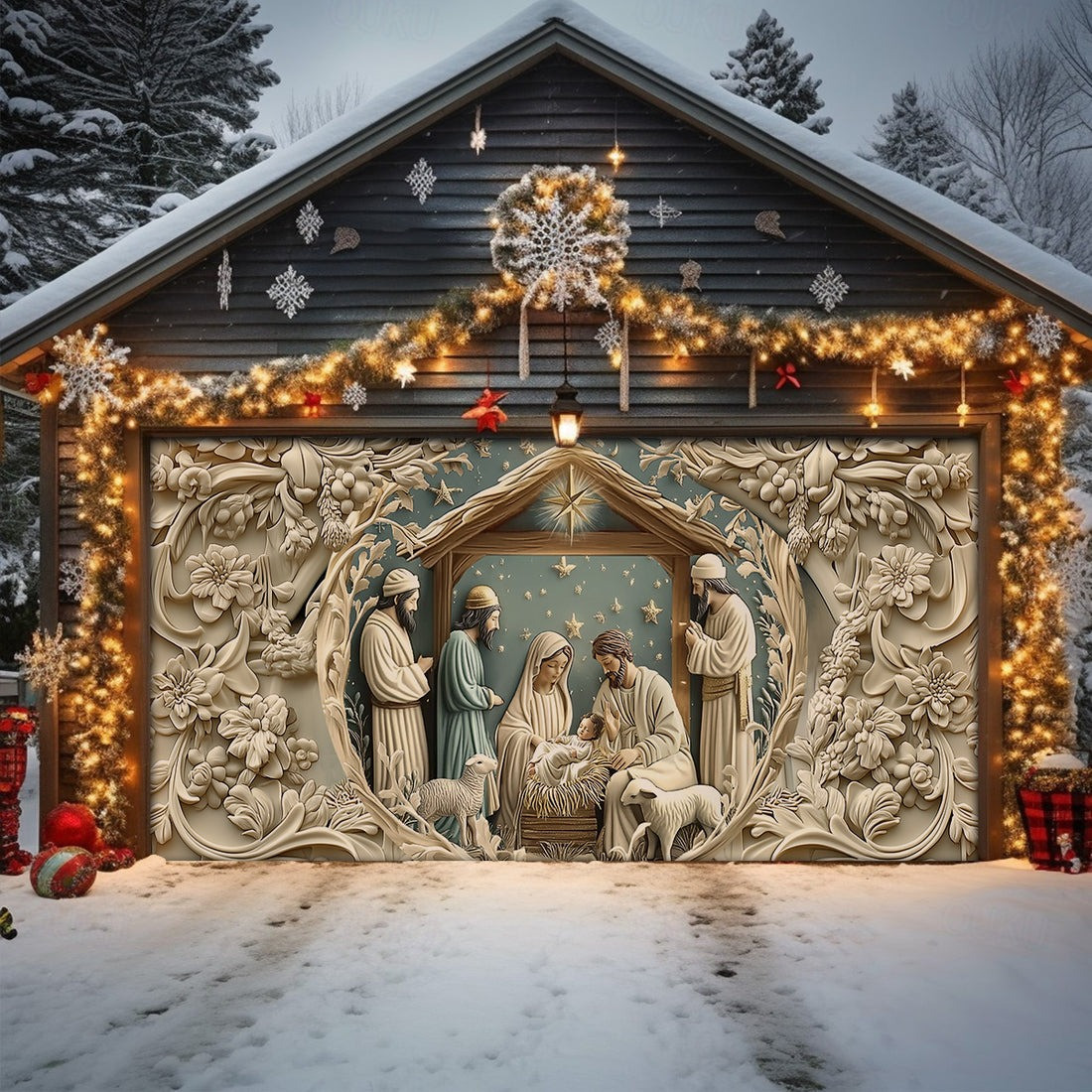 Starry Night Nativity Christmas Garage Door Cover Holy Family Religious Outdoor Decor Gifts