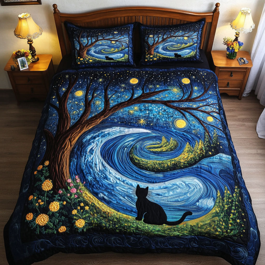 Starry Night Paws Quilted Bedding Set Cute Room Decor Black Cat Christmas Gifts