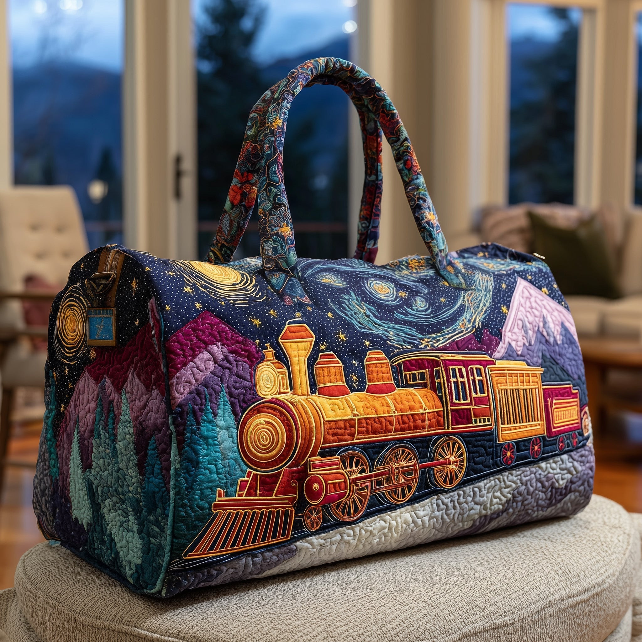 Starry Night Train Quilted Duffle Bag Galaxy Mountain Steam Locomotive Travel Gift Ideas