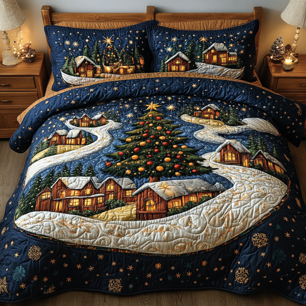 Starry Night Village Quilted Bedding Set Full Size Bed Set Winter Gift For Sister