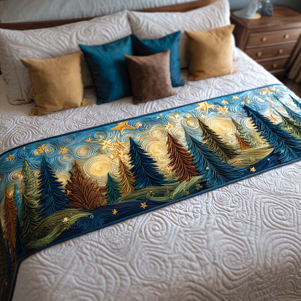 Starry Pines Glow Quilted Bed Runner Bed Decorations Nature Lover Gift Ideas