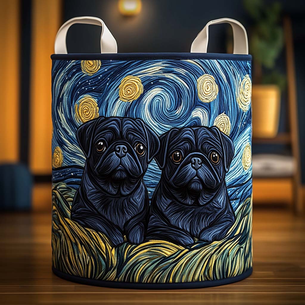 Starry Pug Duo Quilted Laundry Basket Premium Quilted Laundry Bin Gift for Every Household