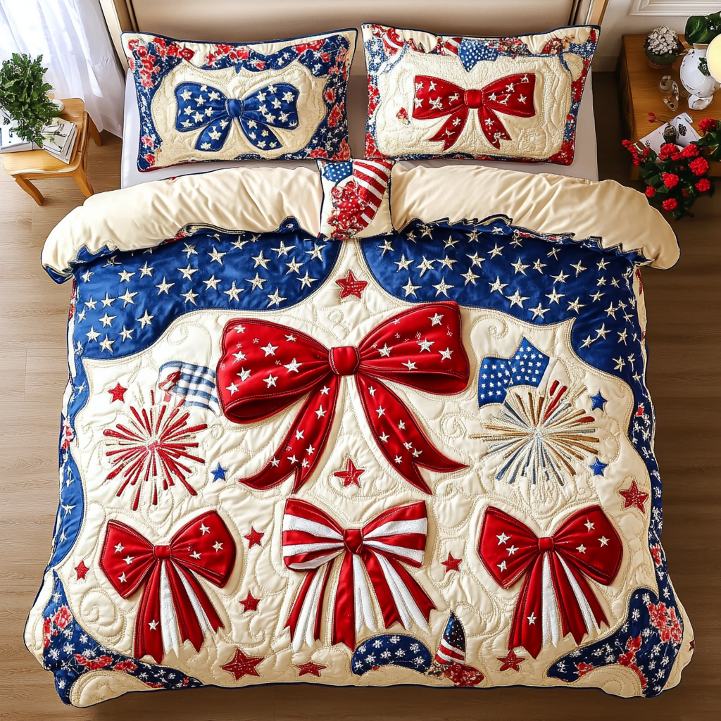 Starry Ribbons Quilted Bedding Set Cool Bedroom Decor Patriotic Gift Items