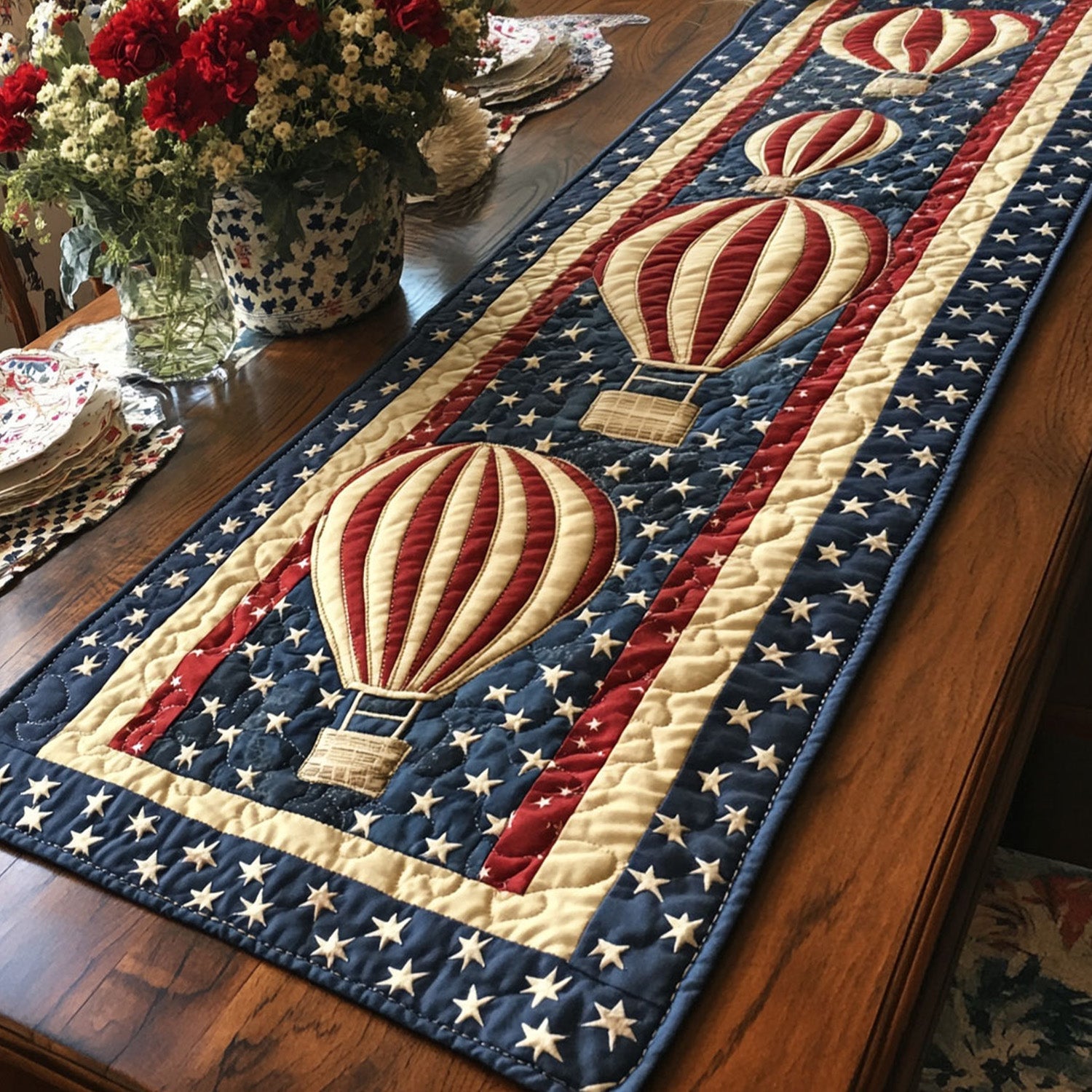 Stars and Balloons Forever Quilted Table Runner Kitchen Table Decor Ideas Best Patriotic Gifts
