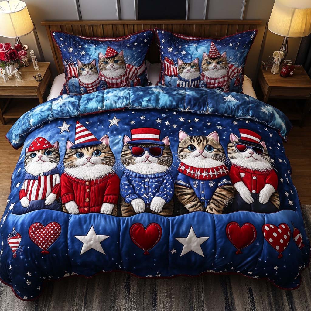 Stars and Cats Quilted Bedding Set Patriotic Room Ideas Cool Gifts Cat Lovers