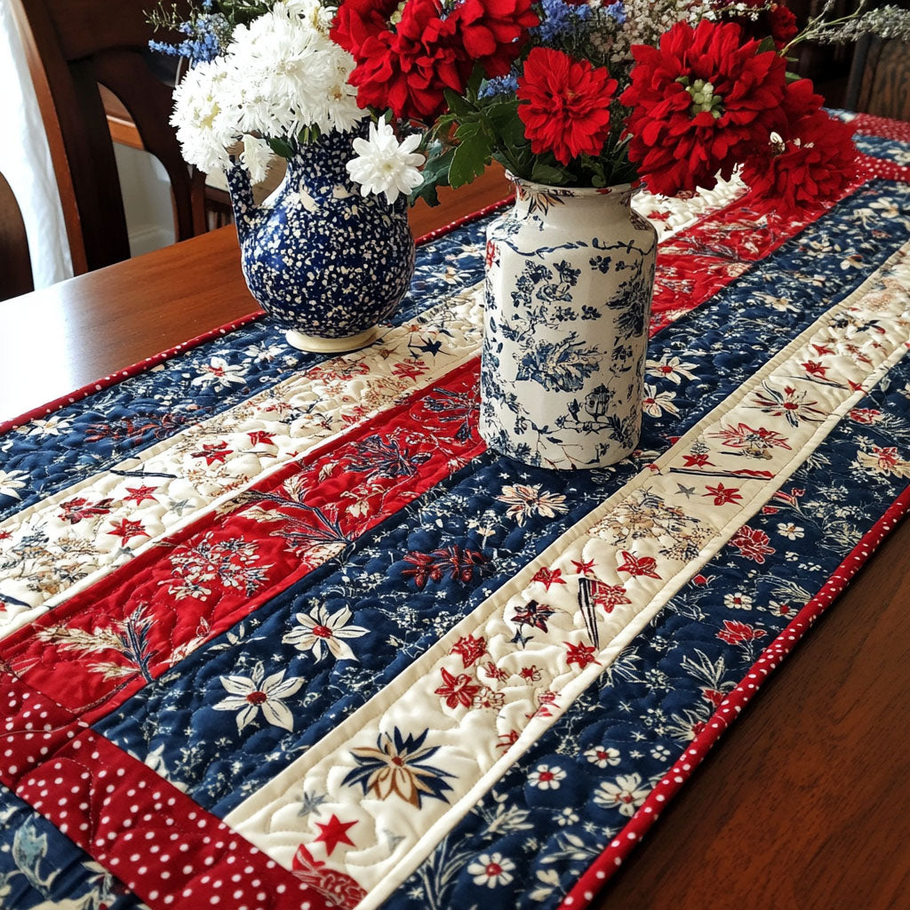 Stars and Petals Quilted Table Runner Dining Table Decor Patriotic Gifts For Women