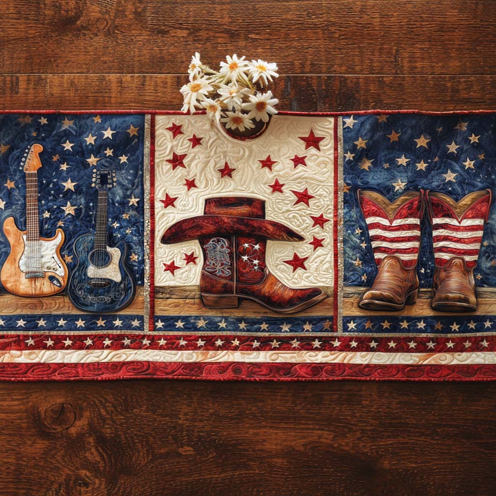 Stars and Strings Quilted Table Runner Kitchen Decor Patriotic Gifts For Her