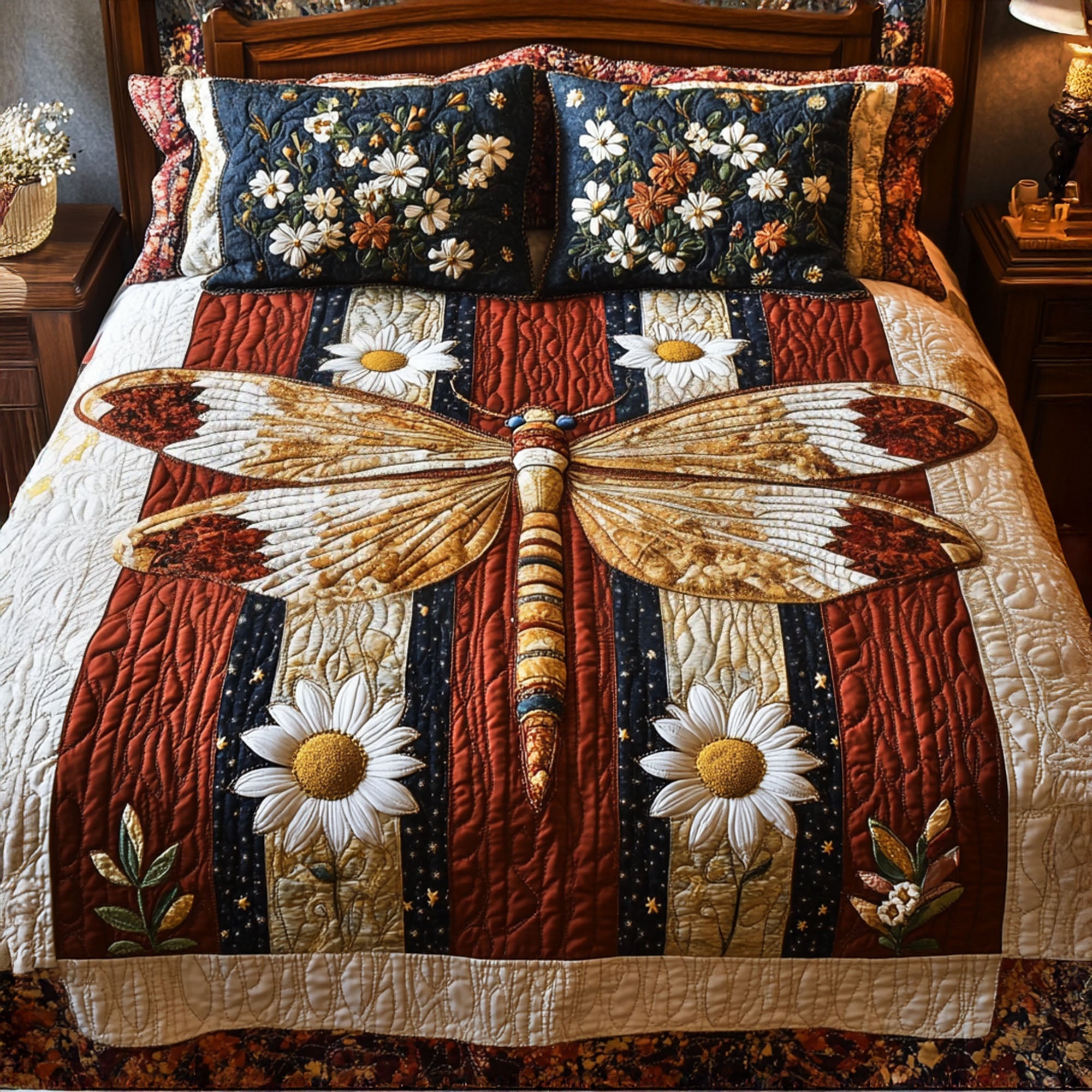 Stars and Stripes Flight Quilted Bedding Set Duvet Cover Bed Sheet Set Dragonfly Gifts For Men