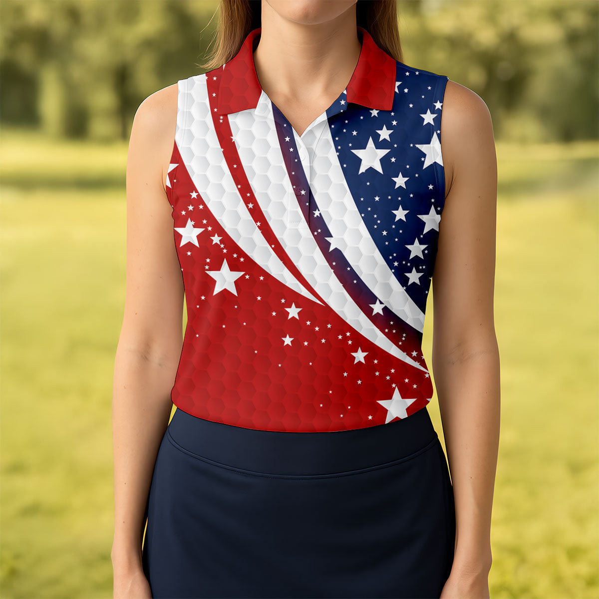 Stars And Stripes Pattern Sleeveless Polo Shirt 250 Celebration Golf Shirt For Women