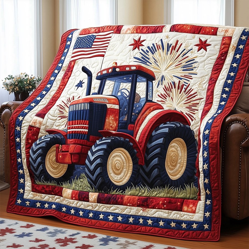 Stars and Stripes Tractor Quilted Blanket Patriotic Farmer Tractor Gifts For Him
