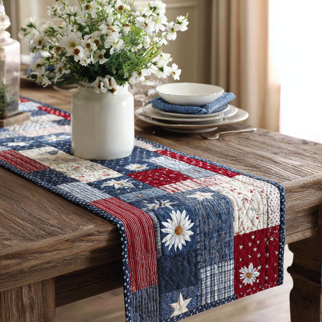 Stars of Freedom Quilted Table Runner Dining Room Decor Patriotic Gifts For Her