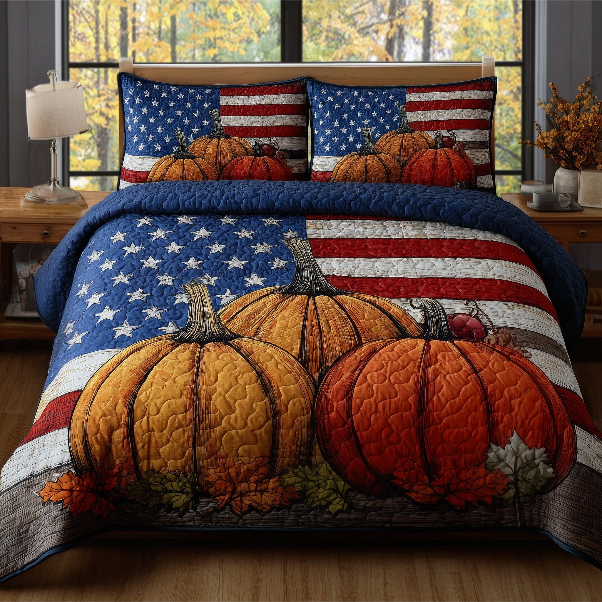Stars Pumpkin Quilted Bedding Set For Family