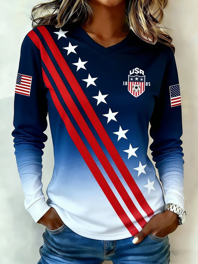 Stars Sash USA Soccer V-Neck Long Sleeve Shirt FIFA World Cup 2026 Womens Shirts Gift Ideas