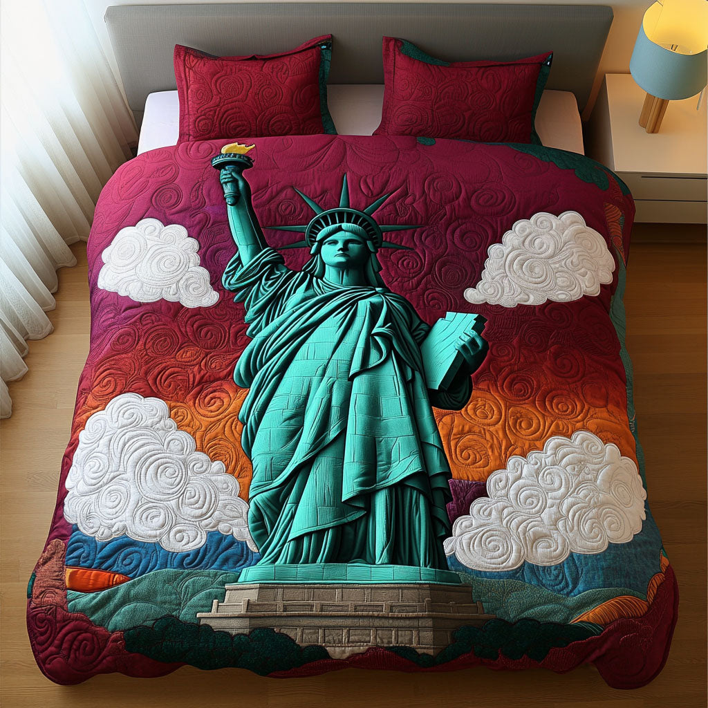 Statue Liberty Sunset Quilted Bedding Set Bed Decorations Unique Patriotic Gifts