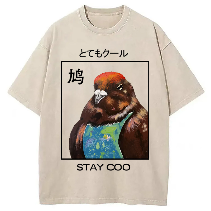 Stay Cool Pigeon Washed T-Shirt Funny Graphic Gift For Friends Gifts For Her