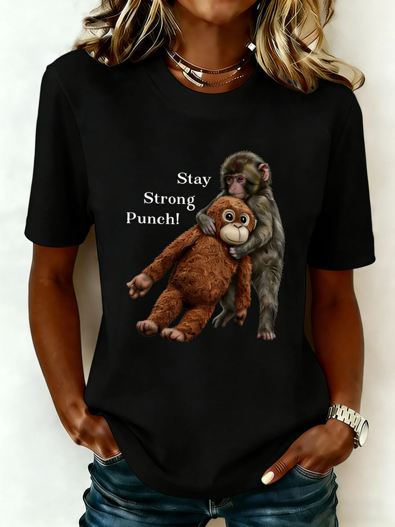Stay Strong Punch Baby Monkey T-Shirt Funny Animal Graphic Tee Cute Monkey Lover Shirt Best Gift Ideas