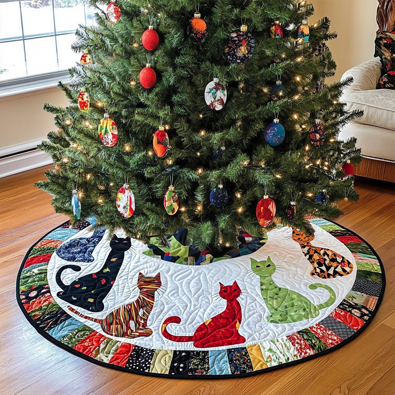 Stealthy Felines Quilted Christmas Tree Skirt Cozy Holiday Home Decor Christmas Hearth And Home Decor