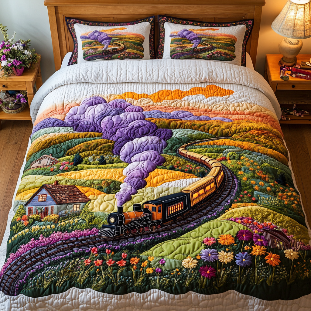 Steam Train Quilted Bedding Set Aesthetic Room Decor Unusual Gifts For Train Lovers