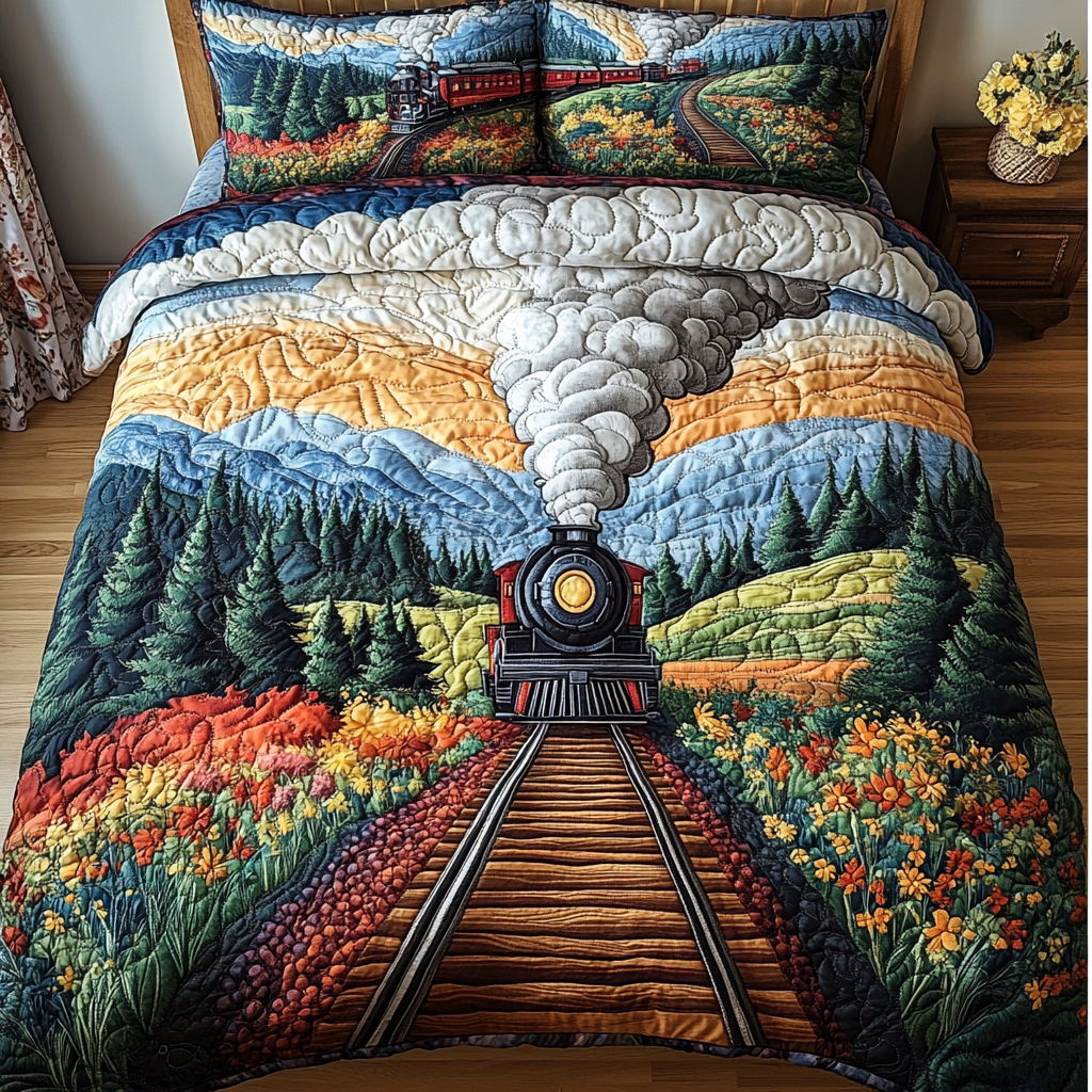Steam Train Quilted Bedding Set Bed Room Decoration Train Presents For Adults