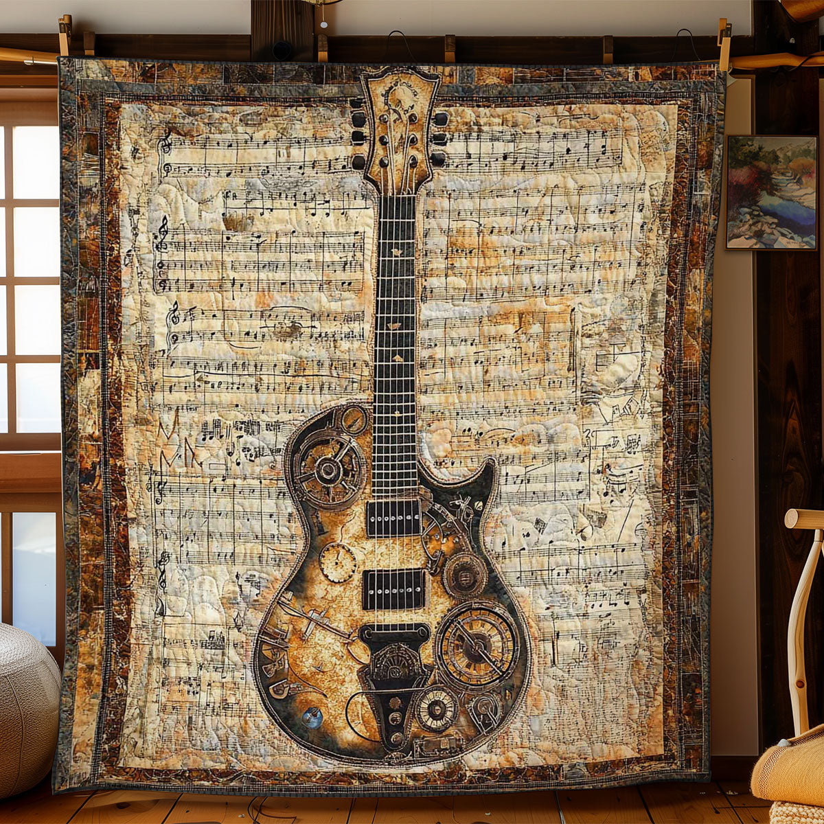 Steampunk Guitar Symphony Quilt Beautiful Printed Quilt Blanket for Home Aesthetics