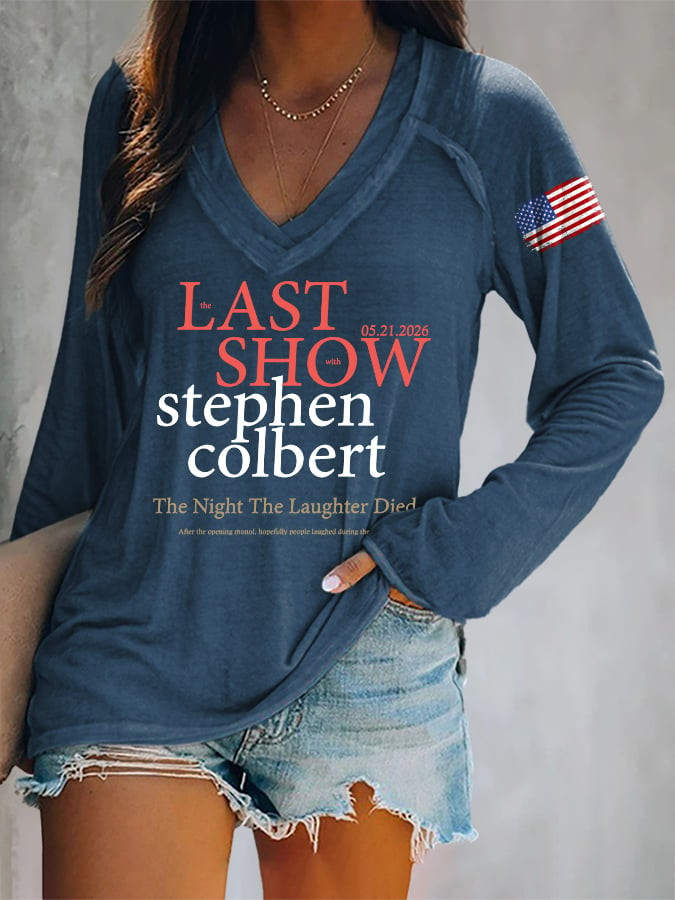 Stephen Colbert Final Show V-Neck Long Sleeve Shirt The Night The Laughter Died Stephen Colbert Apparel
