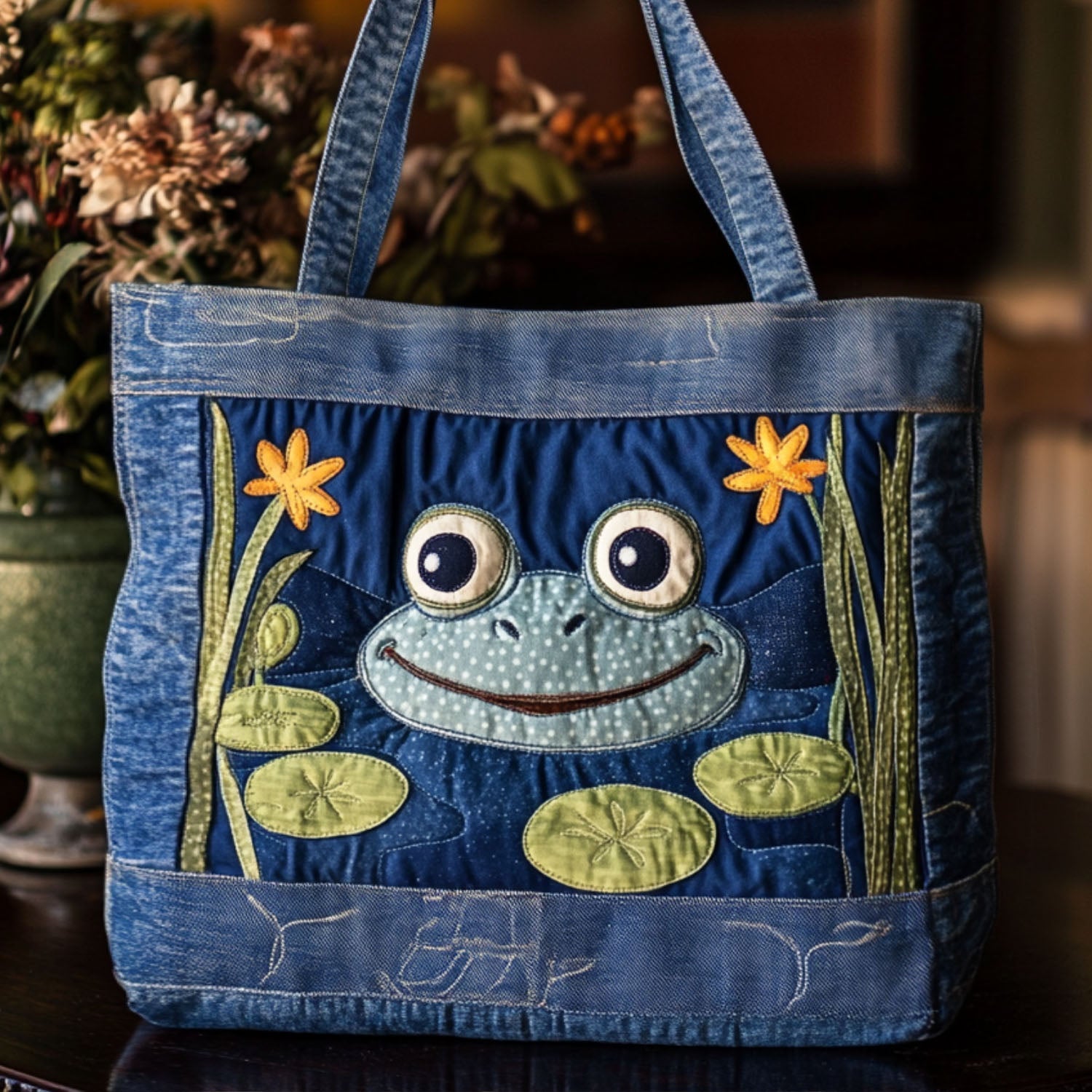 Still Waters Frog Quilted Tote Bag Cute Frog Themed Gifts
