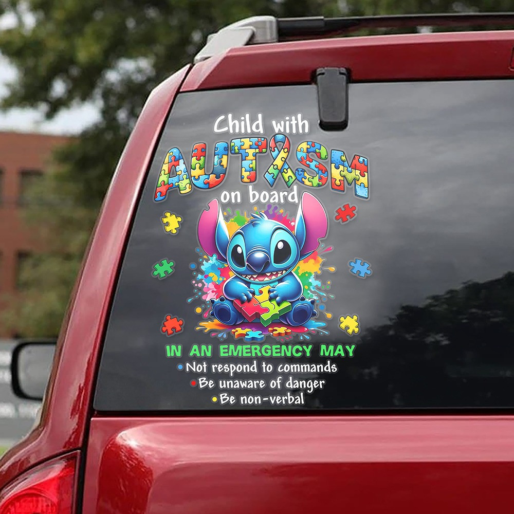 Stitch Child With Autism On Board Car Sticker Support Autism Awareness Month Merchandise