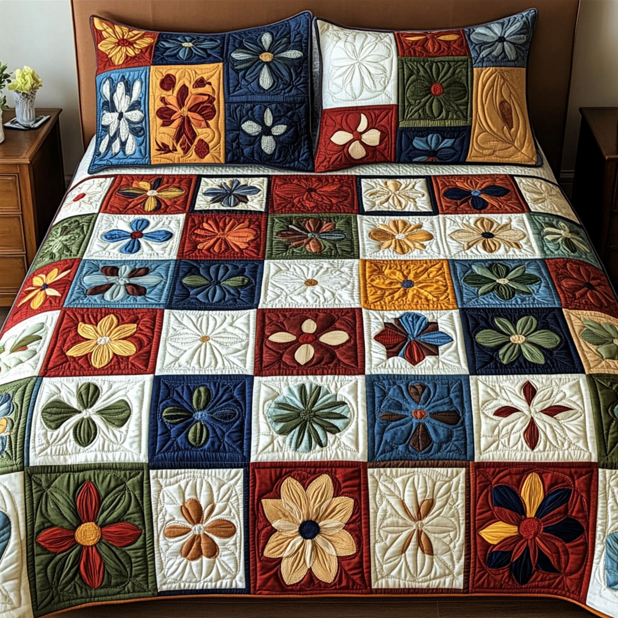 Stitched Squares Quilted Bedding Set Soft Bed Sheet and Pillowcase Set for Relaxing Nights