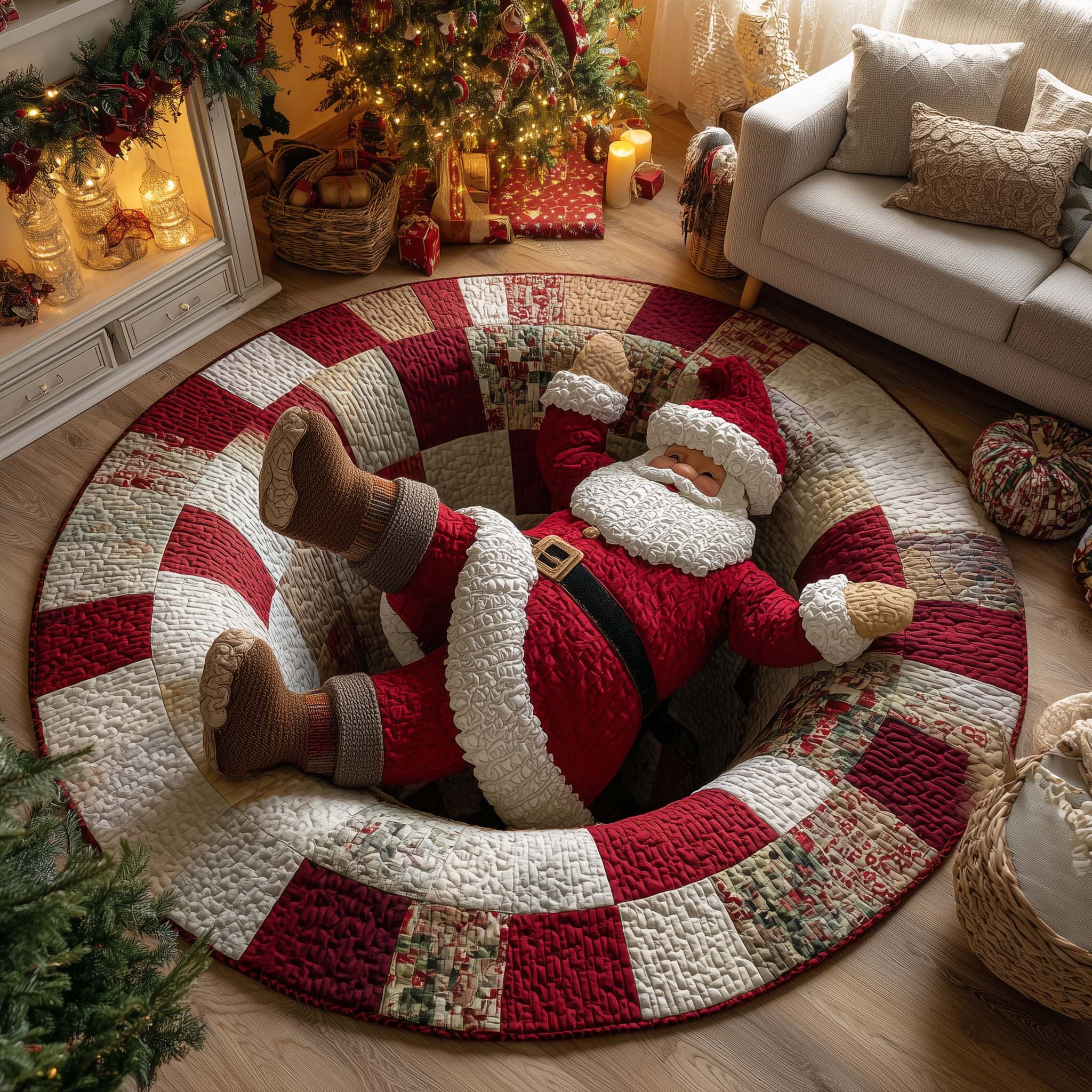Stocking Stuck Santa Quilted Round Mat Handcrafted Quilted Round Mat for Special Touch