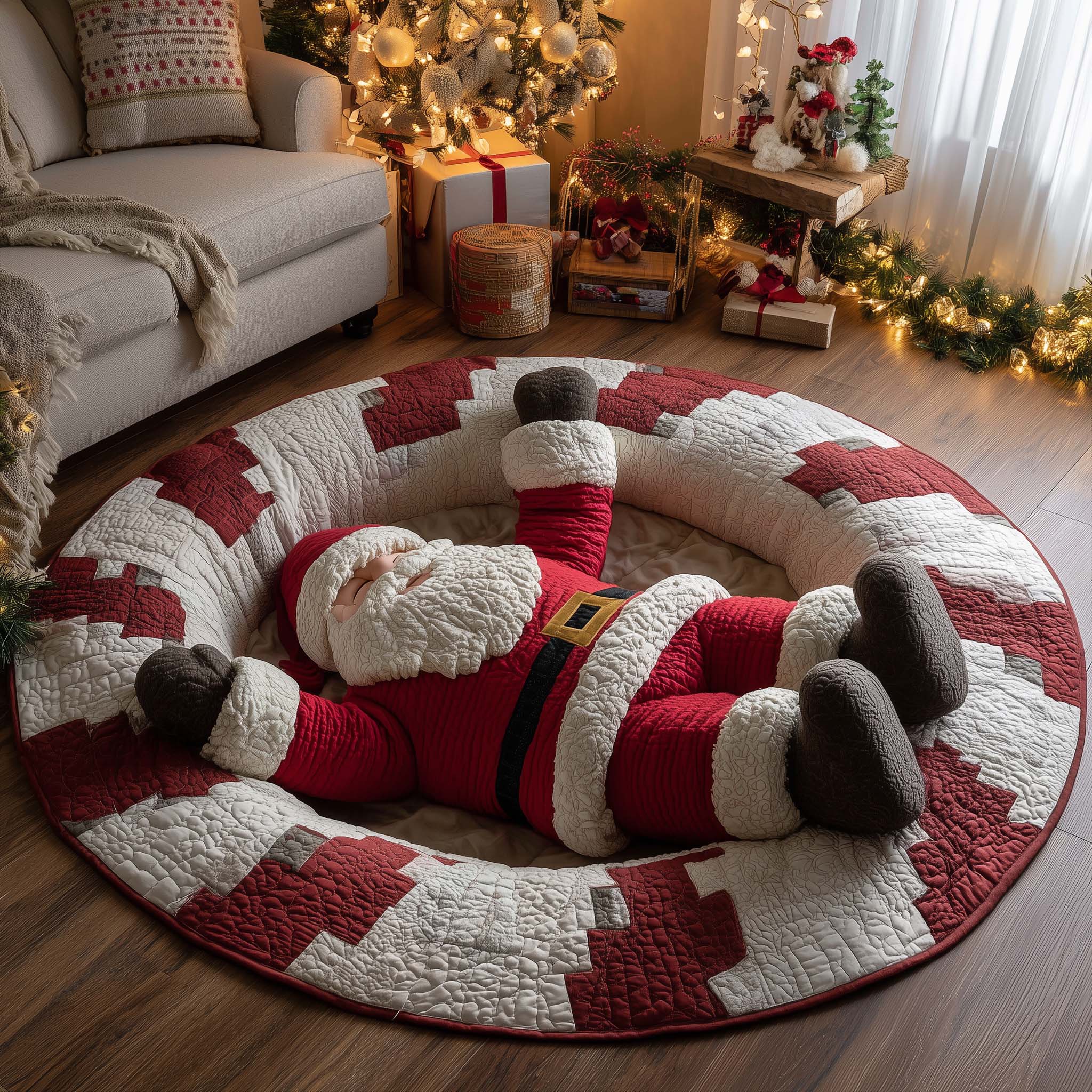 Stocking Stuck Santa Quilted Round Mat Premium Quilted Round Mat for Cozy Living Spaces