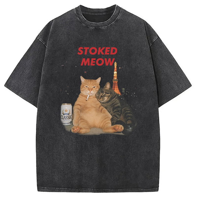 Stoked Meow Smoking Cat Washed T-Shirt Everyday Comfort Graphic Shirt Gifts For Sister