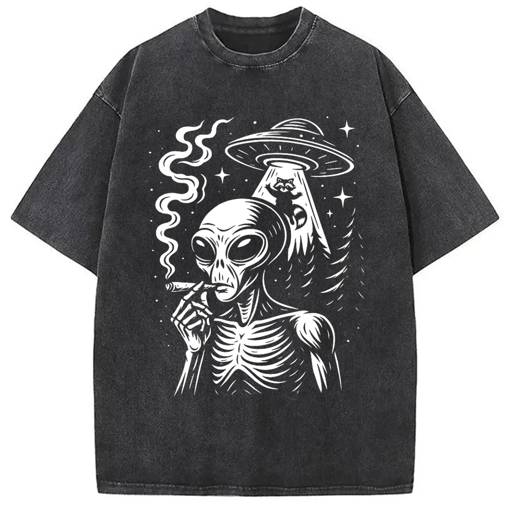 Stoner Alien UFO Raccoon Washed T-Shirt Cool Urban Street Style Shirt Gifts For Best Friend
