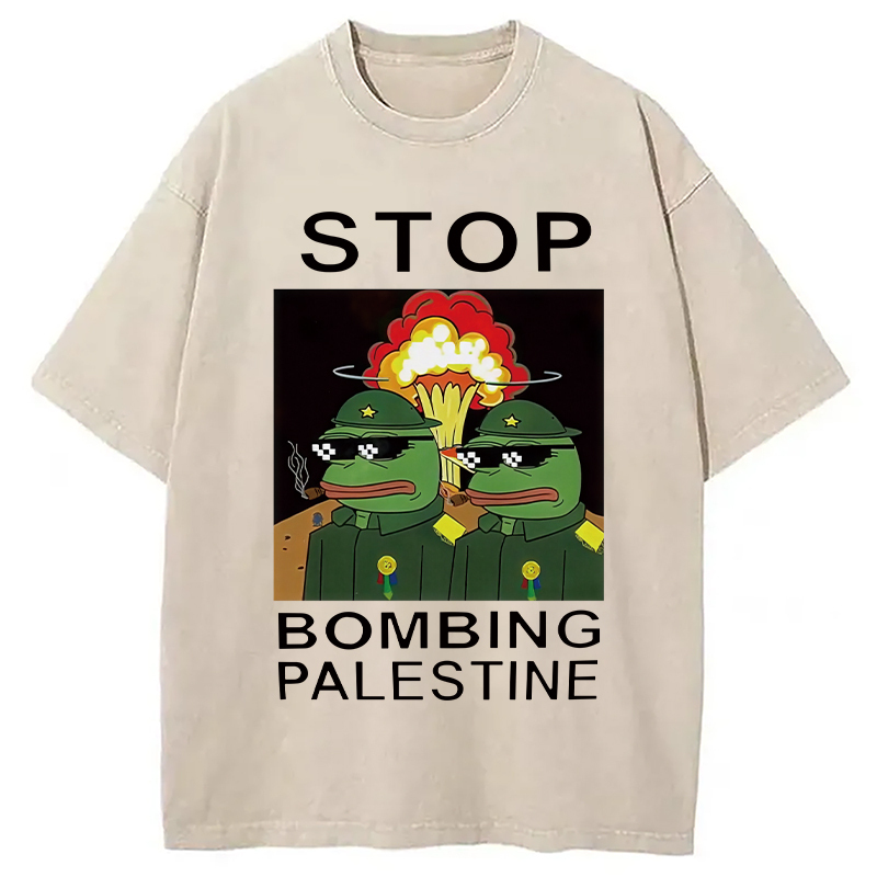 Stop Bombing Palestine Frogs Washed T-Shirt Cool Graphic Tee For Men Women Gifts For Best Friend