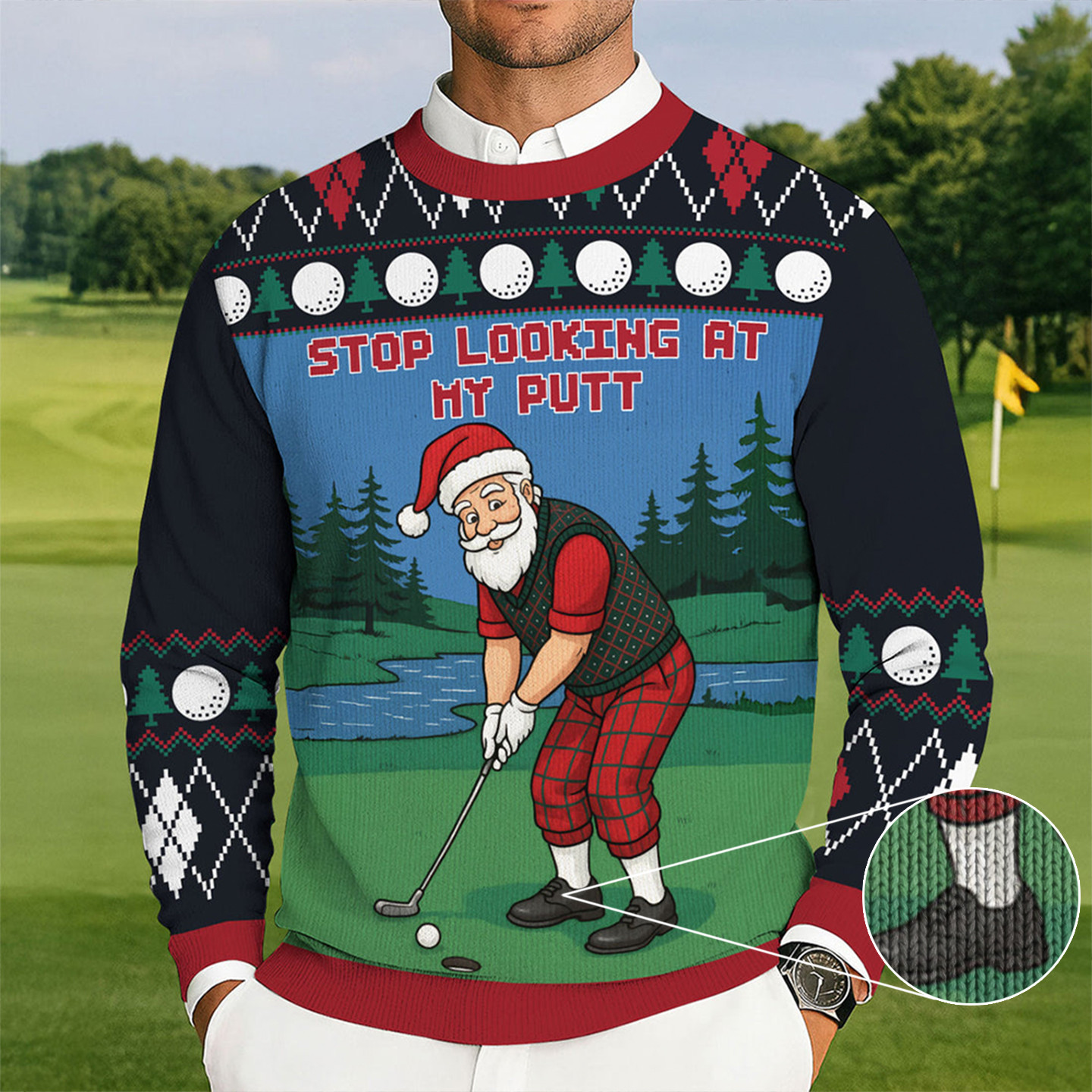 Stop Looking At My Putt Santa Golfing Ugly Sweater Christmas Sport Design Golf Player Xmas Gift