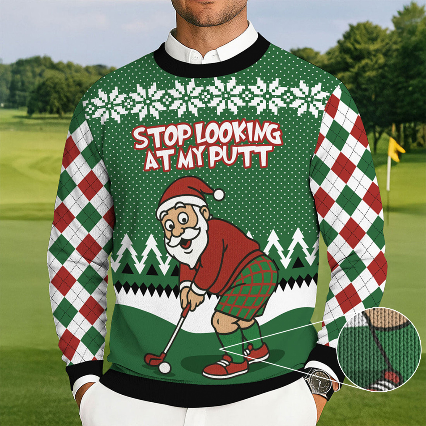 Stop Looking At My Putt Ugly Christmas Sweater Funny Santa Christmas Sweaters