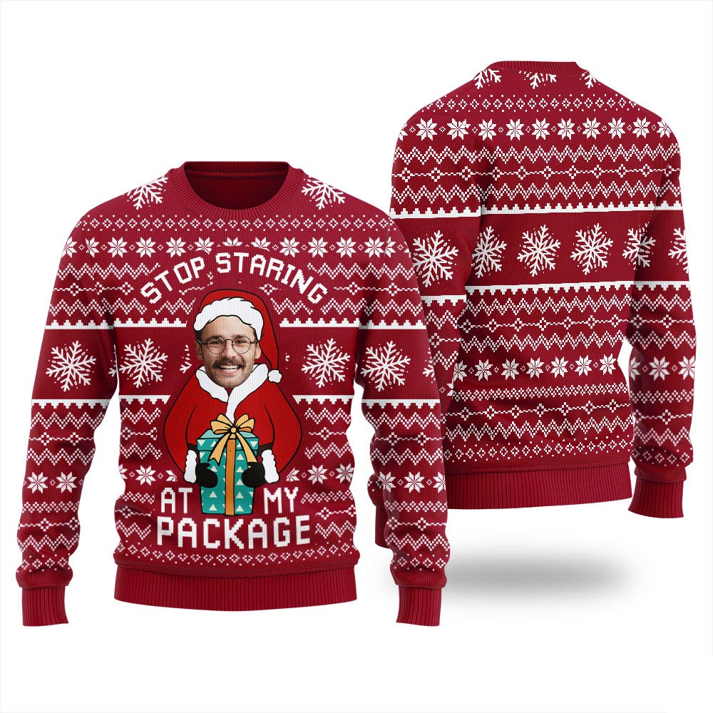 Stop Staring At My Package Personalized Ugly Sweater Women Christmas Ideas For Girlfriend