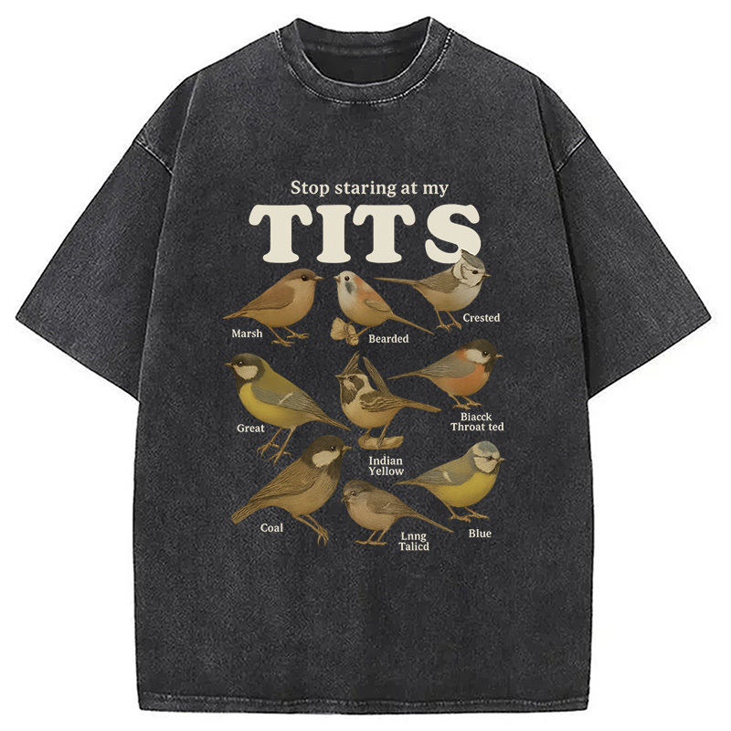 Stop Staring At My Tits Meme Bird Washed T-Shirt Trendy Everyday Casual Outfit Gifts For Friends