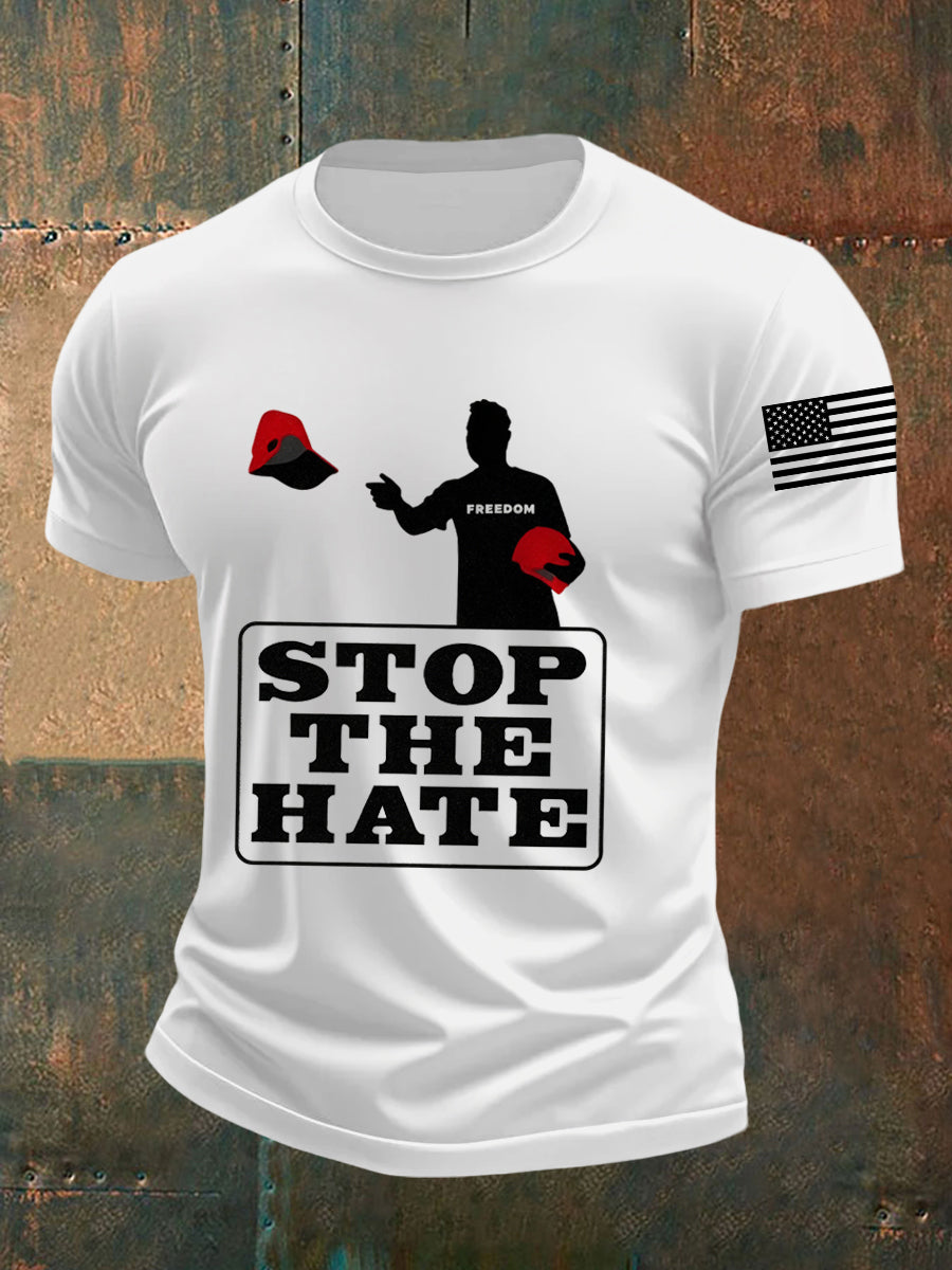 Stop The Hate Print Short Sleeved T Shirt White Charlie Kirk Website Freedom Shirt