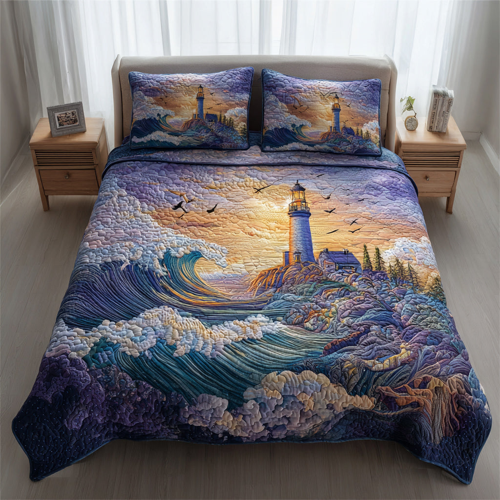 Storm Lighthouse Sunset Quilted Bedding Set Personalized Bedding Set Gift for Couples