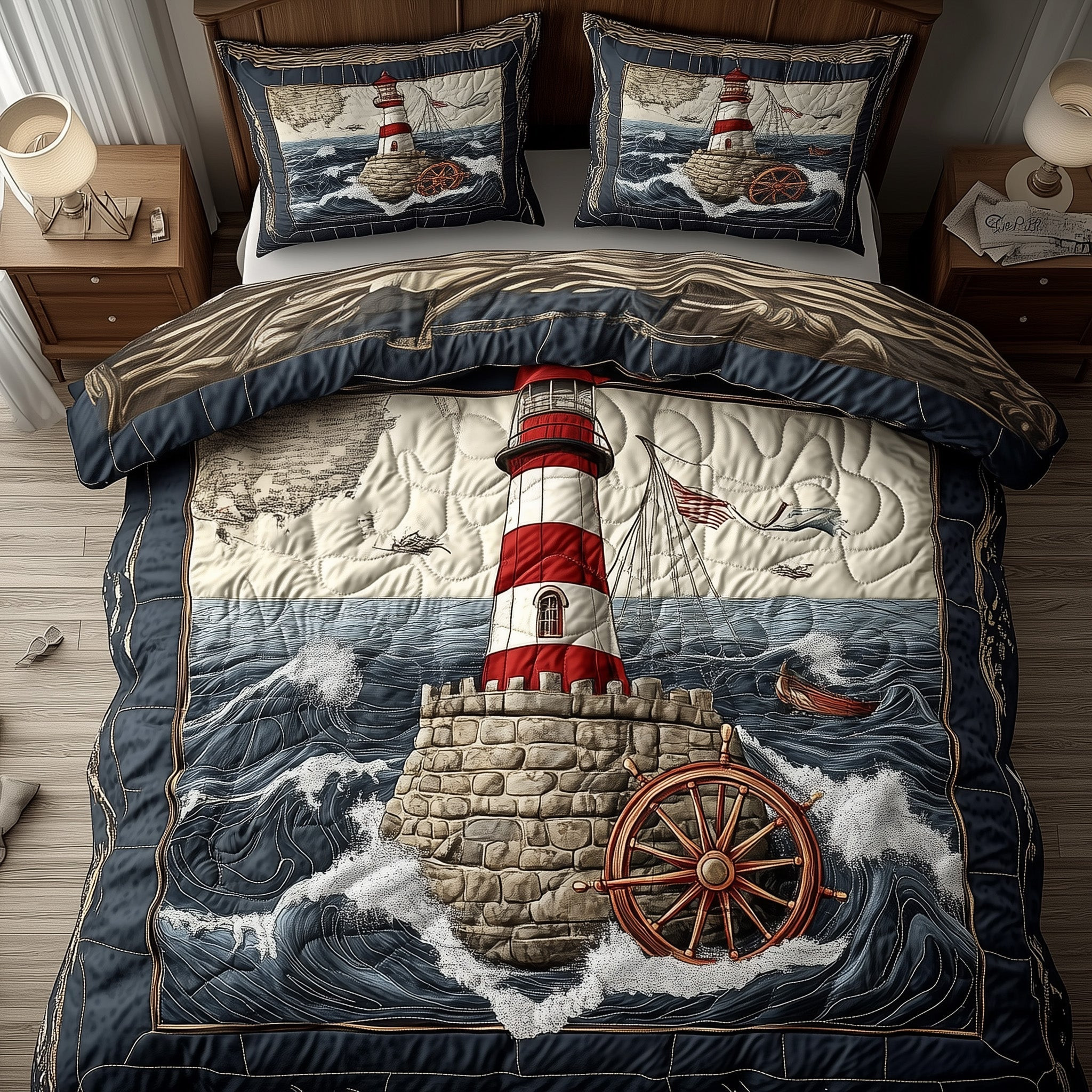 Stormy Lighthouse Quilted Bedding Set Seaside Landmark Best Ocean Decor Bedding Gifts