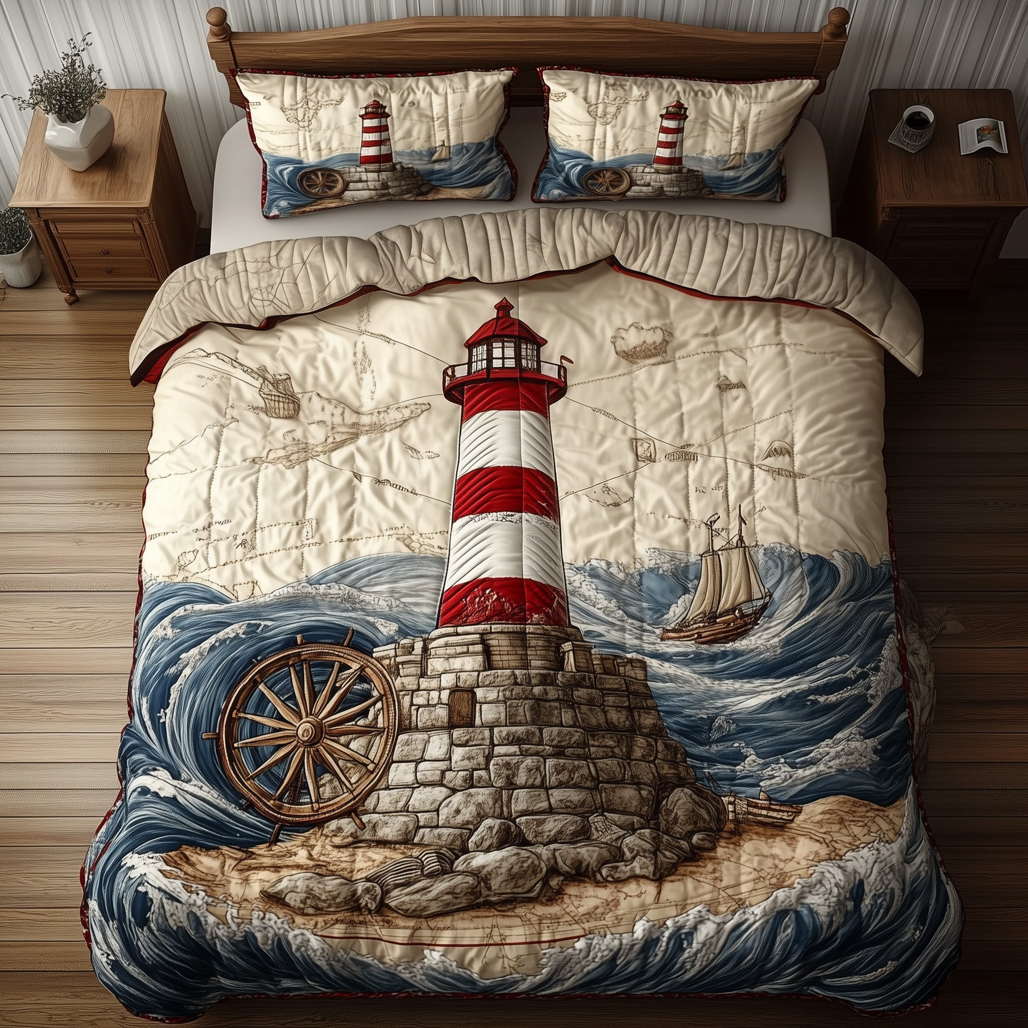 Stormy Lighthouse Quilted Bedding Set Seaside Landmark Unique Ocean Decor Bedding Gifts