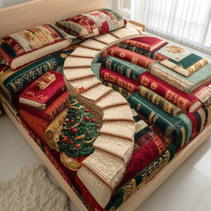 Story Stairway 3-Piece Quilted Bedding Set Book Lover Whimsical Bedspread Best Gift For Readers