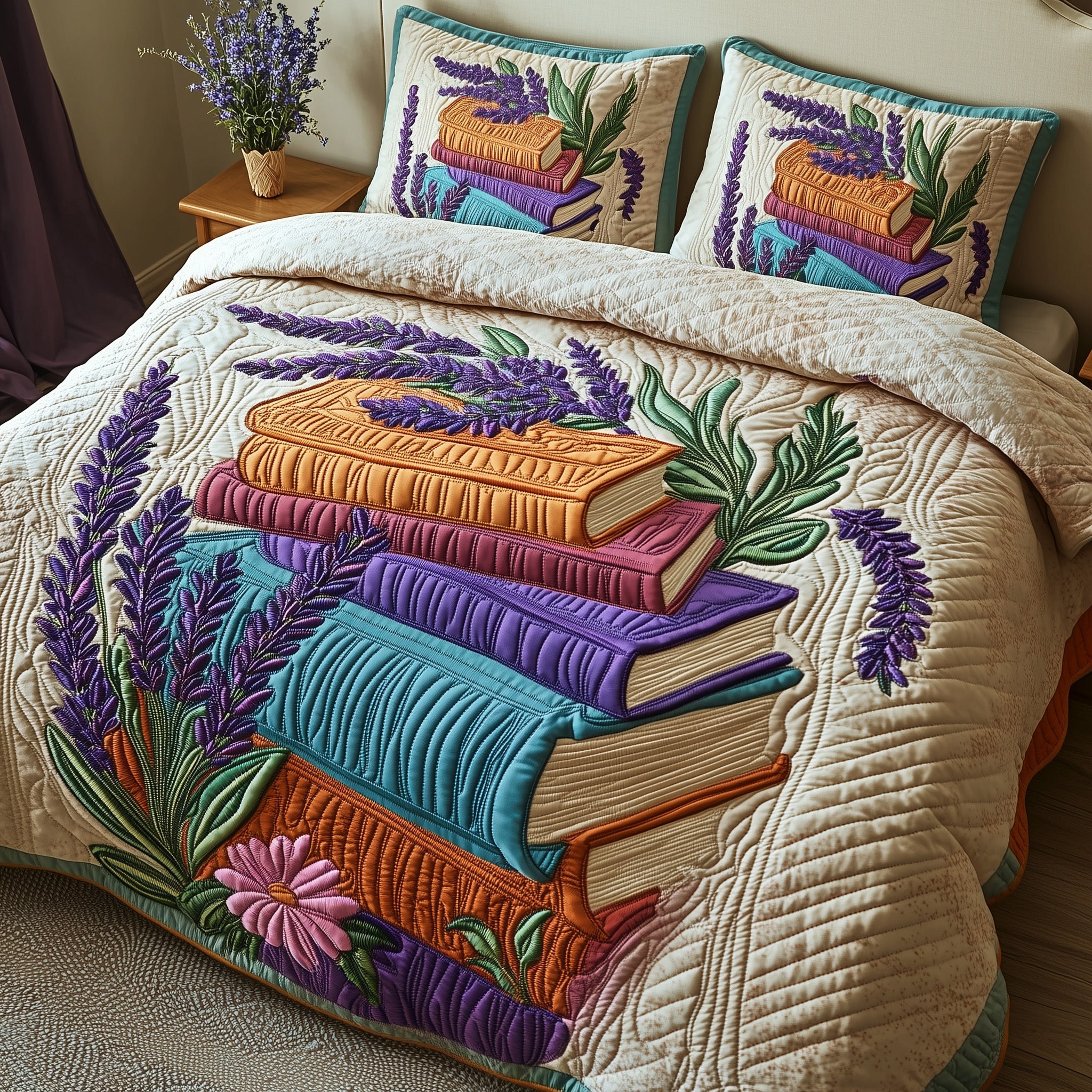 Storytime in Lavender Quilted Bedding Set Duvet Cover Bed Sheet Book Presents For Best Friends