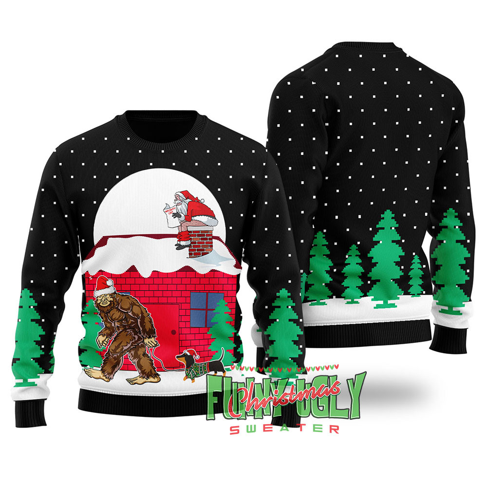 Strange Bigfoot Walking Dachshund Ugly Christmas Sweater Black Classic Holiday Sweater for Festive Looks