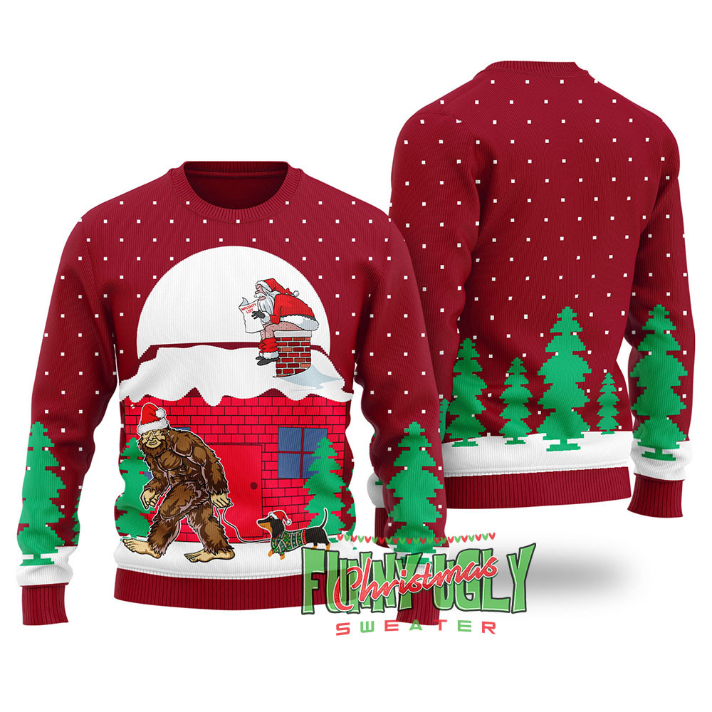 Strange Bigfoot Walking Dachshund Ugly Christmas Sweater Cardinal Red Seasonal Gift Merch for Cozy Christmas Vibes