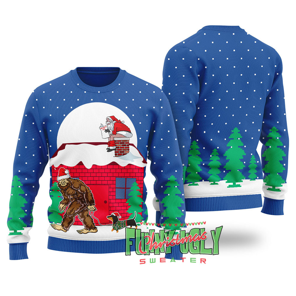 Strange Bigfoot Walking Dachshund Ugly Christmas Sweater Royal Cute Christmas Sweatshirt for Holiday Spirit