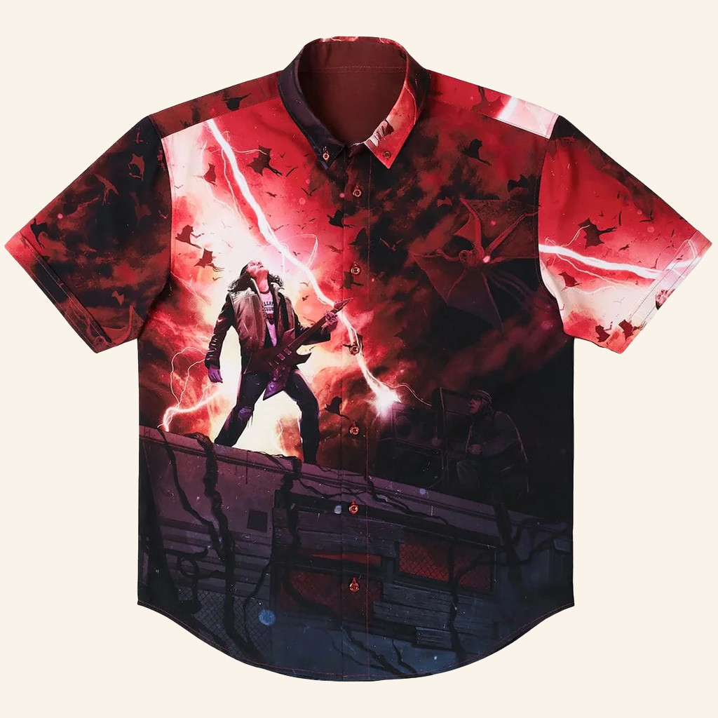 Stranger Things Eddie Munson Merch Stranger Things x RSVLTS Most Metal Ever Button Up Shirt