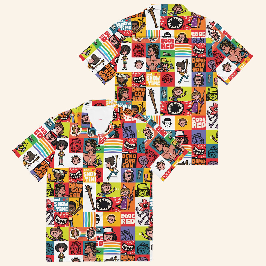 Stranger Things Merch Stranger Things Cartoon Pattern Button Up Shirt Christmas Gifts For Dad